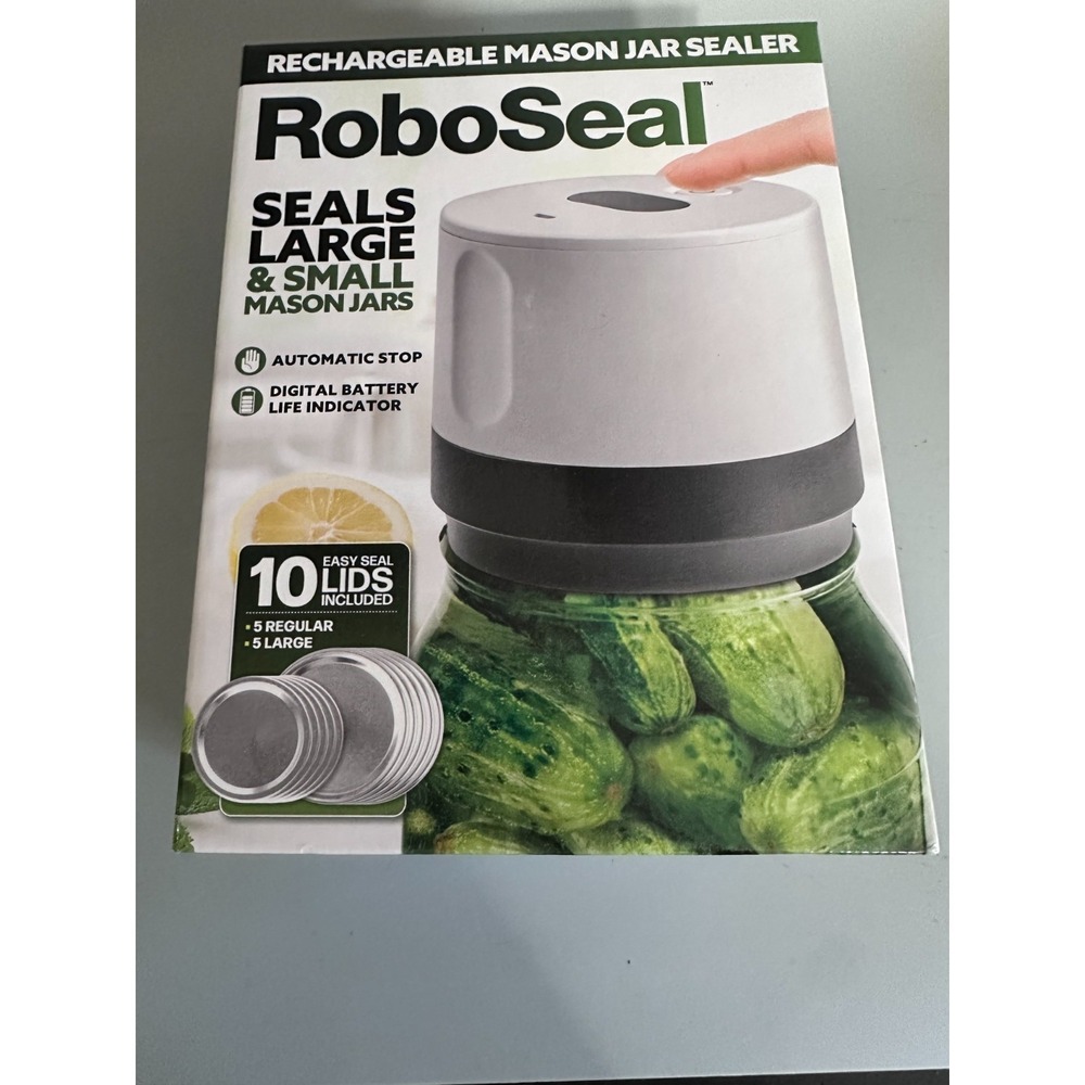 RoboSeal Rechargeable Electric Mason Jar Sealer Kit with 10 Lids White Grey